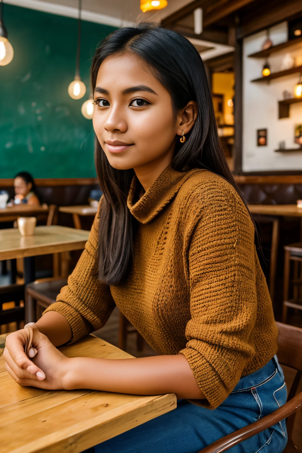 (8k, highest quality, ultra detailed:1.37), (Dina), 18yo, (a creative Javanese girl), immerses herself in the artistic atmosphere of a cozy coffee shop. She wears a trendy sweater with jeans, accessorized with unique jewelry. The high-resolution image captures ultra-detailed realism, highlighting Dina's captivating eyes, long eyelashes, and smooth complexion. The artsy coffee shop setting reflects Dina's artistic and Javanese cultural appreciation.