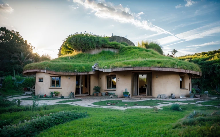 A photograph of a symmetrical contemporary house with (((one hyperbolic paraboloid green roof))) and (((biological pool))) and ((base wall foundation)) in a tropical backyard, mustard yellow terracota plaster walls (((rustic clay stucco))), ((corner walls rounded)), ((rustic clay plaster)), (((terracotta walls with rounded corners, straight walls))), (((rustic earth plaster, mud))), (((hyperbolic-shaped green roof with wooden edge))), (((wooden roof structure, wooden rake, wooden fascia board))), eaves, ((roof with wooden structure)), In Bahia (((tropical garden))), ((natural houses, organic buildings, organic architecture)), ecovillage, sustainable architecture, bioconstruction architecture, solarpunk architecture, (((grass roof, green roof, green wave roof, rounded roof, vegetated roofs))), (((rock base foundation wall, foundation height 30cm, stone base wall 30cm high))), ((green architecture)), passive house, clear sky in the background, painful beauty, modern, imposing, green house, ((Bali hobbit Hadid Style)), super resolution, cinematic, color grading, editorial photography, photography, photo shoot, (((dramatic front eye top angle view))), O 50mm, depth of field, intricate details, natural colors, sharp focus, warm light, shutter speed 1/1000, F/22, White Balance, Ray Trace Reflections, Lumen Reflections, Screen Space Reflections, Diffraction Rating, Chromatic Aberration, GB Shift, Partial Lighting, Backlighting, Daylighting, Scan Lines, ambient occlusion, antialiasing, shaders, OpenGL-Shaders, GLSL-Shaders, Post-processing, post-production, shading, tone mapping, incredibly detailed and complex, hypermaximalist, elegant, hyperrealistic, super detailed, dynamic pose, Fujifilm XT