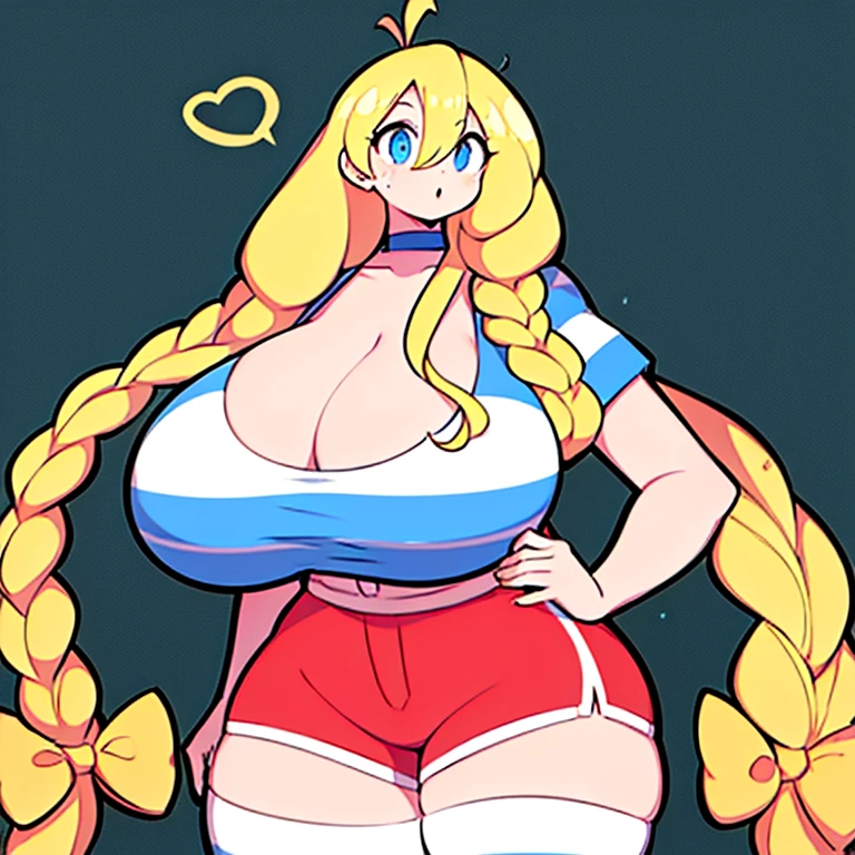 cassie, theycallhimcake, blonde hair, very long hair, braid, bow, striped shirt, red shorts, gigantic breasts, blue shirt, :D, 1girl