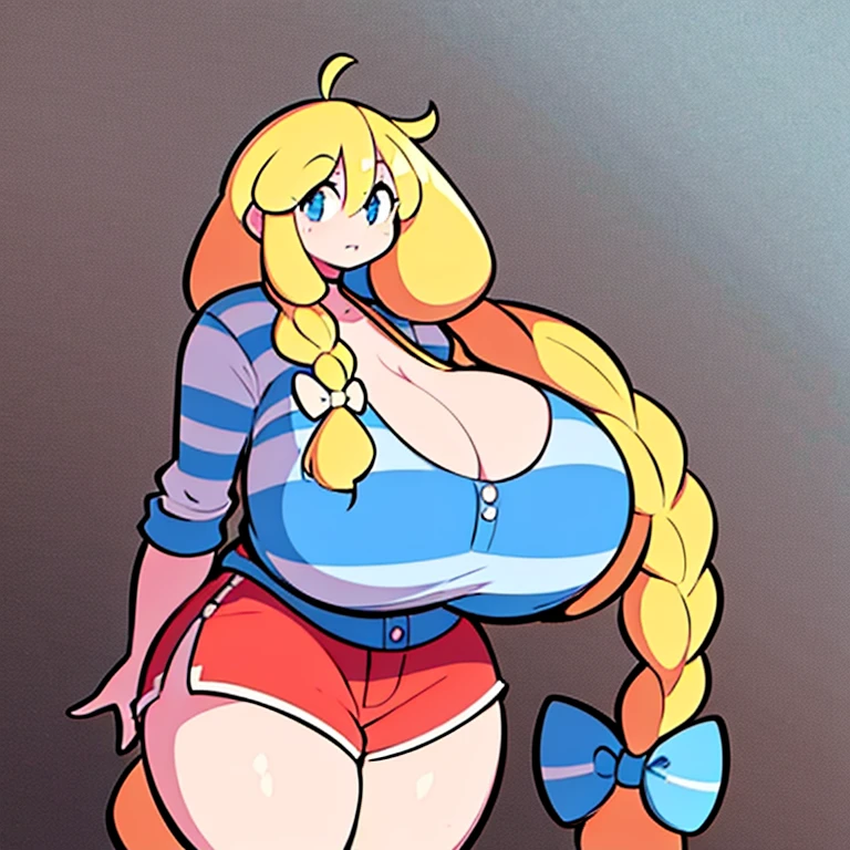 cassie, theycallhimcake, blonde hair, very long hair, braid, bow, striped shirt, red shorts, gigantic breasts, blue shirt, :D, 1girl