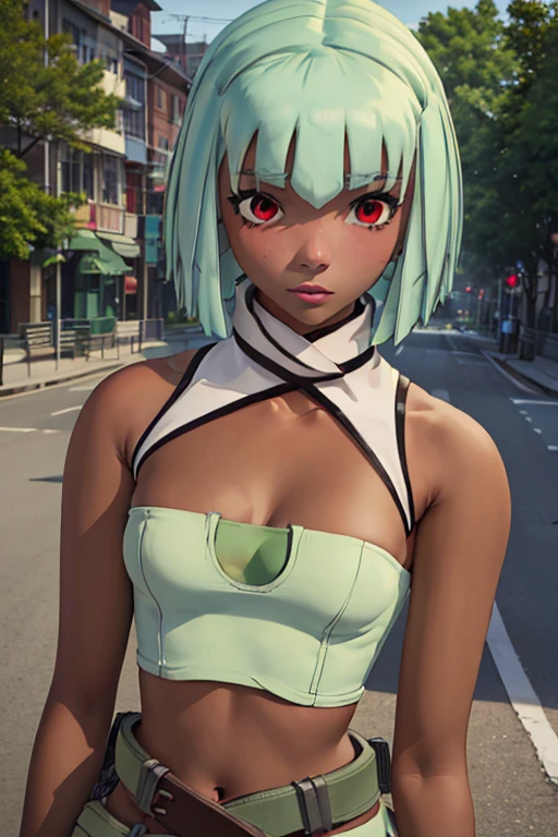 (masterpiece:1.2, best quality), emerald sustrai, 1girl, dark-skinned female, green hair, bob cut, classic outfit, red eyes, halterneck, solo, detailed face, ultra detailed eyes, looking at viewer, (cowboy shot), busy street, summer afternoon