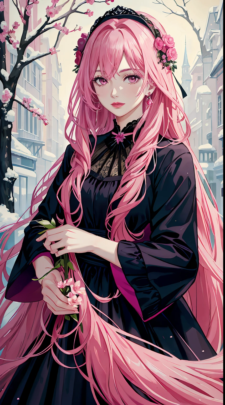 Middle Aged Woman,long pink hair, reddish-pink lips,in a black velvet dress, woman holding a flower in her hand, with frozen flowers around her, dreamy atmosphere holding a magical color in your hands,