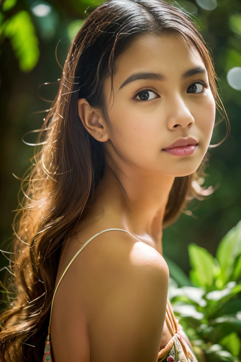 (8k, highest quality, ultra detailed:1.37), (Dina), 18yo, (a nature-loving Javanese girl), finds tranquility in a lush natural setting. She wears a flowy floral maxi dress, blending harmoniously with the surrounding greenery. The high-resolution image captures ultra-detailed realism, highlighting Dina's captivating eyes, long eyelashes, and smooth complexion. The serene natural backdrop showcases Dina's connection with nature and her Javanese roots.