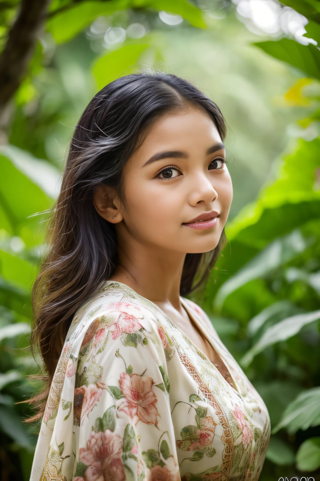 (8k, highest quality, ultra detailed:1.37), (Dina), 18yo, (a nature-loving Javanese girl), finds tranquility in a lush natural setting. She wears a flowy floral maxi dress, blending harmoniously with the surrounding greenery. The high-resolution image captures ultra-detailed realism, highlighting Dina's captivating eyes, long eyelashes, and smooth complexion. The serene natural backdrop showcases Dina's connection with nature and her Javanese roots.