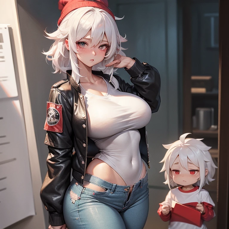 huge breasts, huge ass, big thighs, small waist, white hair, luscious messy hair, tall(adult), blushing, skinny jeans with holes, white t-shirt, bomber jacket, red beanie