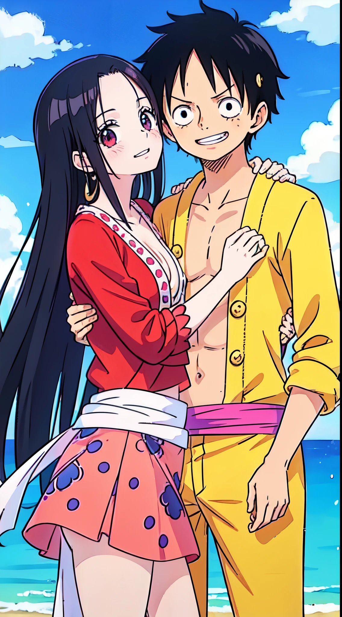 masterpiece, anime, kawaii, cute, romantic, best quality, couple, different fashion, different color, casual clothes, long sleeves, smile, happy, love, swirling wind, blue sky, man monkey D Luffy, woman Boa Hancock, onepiece, monkey d Luffy, boa Hancock, 1girl, 1boy, Couple, hugging