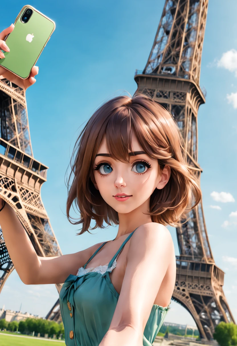 beautiful girl making a selfie in front a eifield tower. style anime