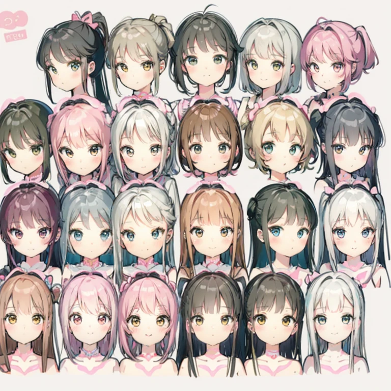 CharacterDesignSheet、List of faces、pink there、amarelo、Brownish、A black、kawaii、Farbe々Hairstyle、Farbe々Facial expressions