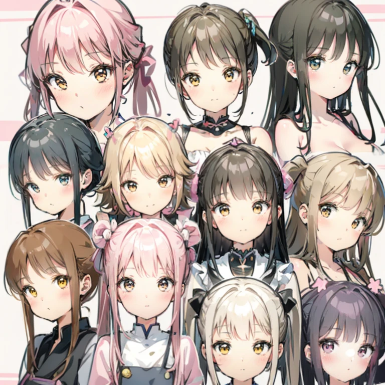 CharacterDesignSheet、List of faces、pink there、amarelo、Brownish、A black、kawaii、Farbe々Hairstyle、Farbe々Facial expressions