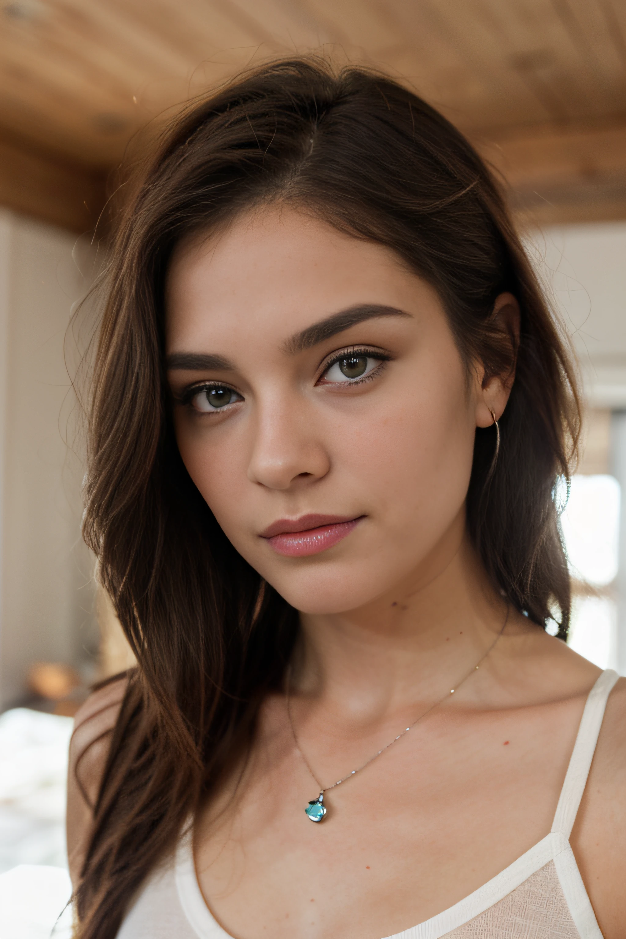 Por favor genere una imagen de una mujer joven con una camiseta y un collar.. She has brown hair, Grande, ojos azules, y un sutil, look de maquillaje natural. The selfie should show you without visible makeup., and she should be looking directly at the camera.. El rostro debe parecer realista y natural.. Full body photo of this attractive woman should present an eye-catching pose., y ella tiene unos ojos azules penetrantes. Her features should be similar to Brooke Shields..