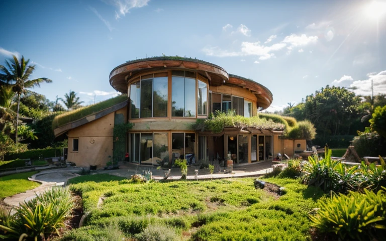 A photograph of a symmetrical contemporary organic house with (((one waved green roof))) and (((biological pool))) in a tropical backyard, mustard yellow terracota plaster walls (((rustic clay stucco))), ((corner walls rounded)), ((rustic clay plaster)), (((terracotta walls with rounded corners, organic curves))), (((rustic earth plaster, mud))), (((wave-shaped green roof with wooden edge))), (((wooden roof structure, wooden rake, wooden fascia board))), eaves, porch with wooden pillar, ((roof with wooden structure)), In Bali (((Tropical garden))), ((natural houses, organic buildings, organic architecture)), Ecovillage, sustainable architecture, Bioconstruction architecture, solarpunk architecture, (((grass roof, green roof, green wave roof, rounded roof, vegetated roofs))), ((green architecture)), Passive house, (((Rock Foundation))), Clear sky in the background, painful beauty, modern, imposing, green house, ((Bali hobbit Hadid Style)), super resolution, cinematic, color grading, editorial photography, photography, photo shoot, (((dramatic front eye top angle view))), O 50mm, depth of field, intricate details, natural colors, sharp focus, warm light, shutter speed 1/1000, F/22, White Balance, Ray Trace Reflections, Lumen Reflections, Screen Space Reflections, Diffraction Rating, Chromatic Aberration, GB Shift, Partial Lighting, Backlighting, Daylighting, Scan Lines, ambient occlusion, antialiasing, shaders, OpenGL-Shaders, GLSL-Shaders, Post-processing, post-production, shading, tone mapping, incredibly detailed and complex, hypermaximalist, elegant, hyperrealistic, super detailed, dynamic pose, Fujifilm XT