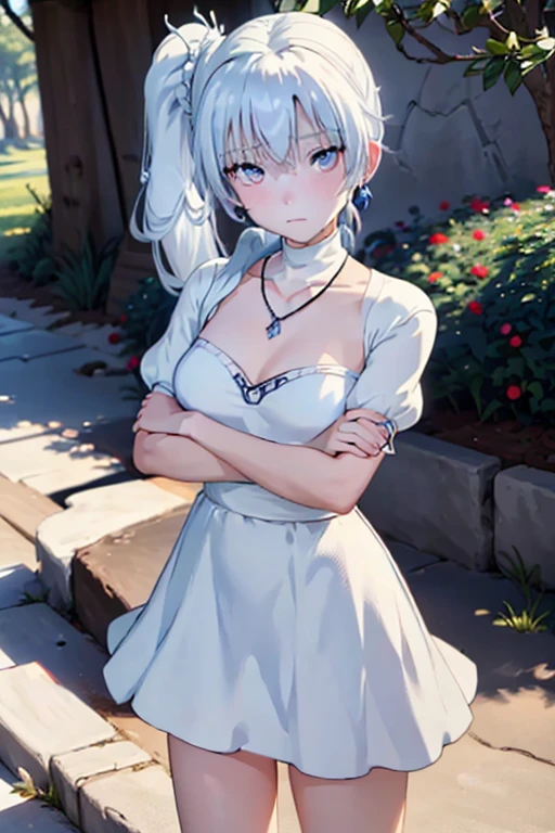 (masterpiece, best quality:1.2), cowboy shot, solo, 1girl, expressionless, closed mouth, looking at viewer, crossed arms, white hair, side ponytail, blue dress, white boots, scar on left eye,
jewelry, necklace, earrings, forest, summer afternoon