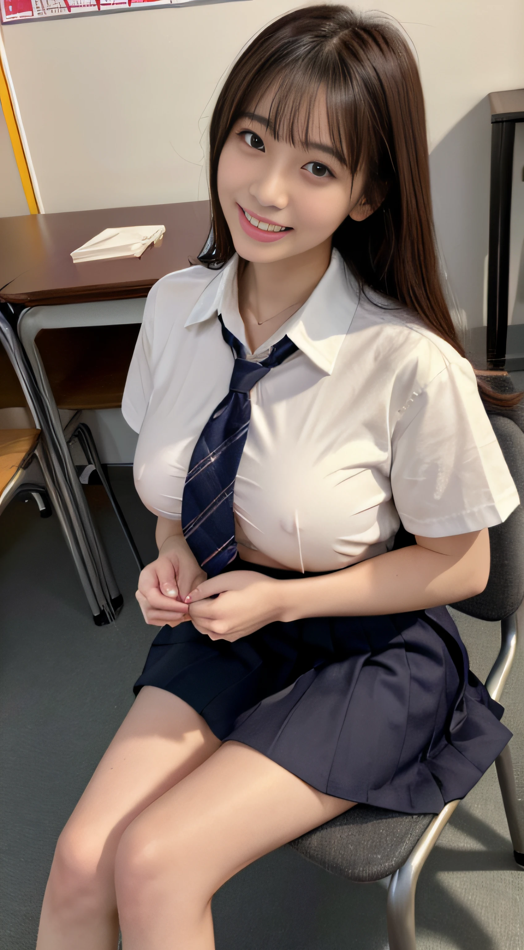 top-quality、Top image quality、masterpiece、fully body photo、18yo woman、Dark brown shorthair、bangss、((Schoolgirl Uniform))、 ((no-bra、Puffy nipple、))、soft boob、breasts of medium size,、Kamimei、 Shy laughter、school classrooms、sit a chair、Flip the skirt with your hands、Show panties、((Grasp your breasts with both hands over your clothes、open one's legs、Open both knees))