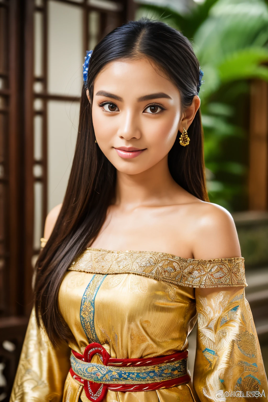 (8k, highest quality, ultra detailed:1.37), (Dina), 18yo, (a beautiful Javanese girl), radiates elegance in a modern interpretation of traditional Javanese attire. She wears a Batik-inspired off-shoulder dress with intricate patterns, accentuating her slim figure. The high-resolution image captures ultra-detailed realism, highlighting Dina's captivating eyes, long eyelashes, and smooth complexion. The modern setting adds a contemporary twist to showcase the timeless beauty of Javanese culture.