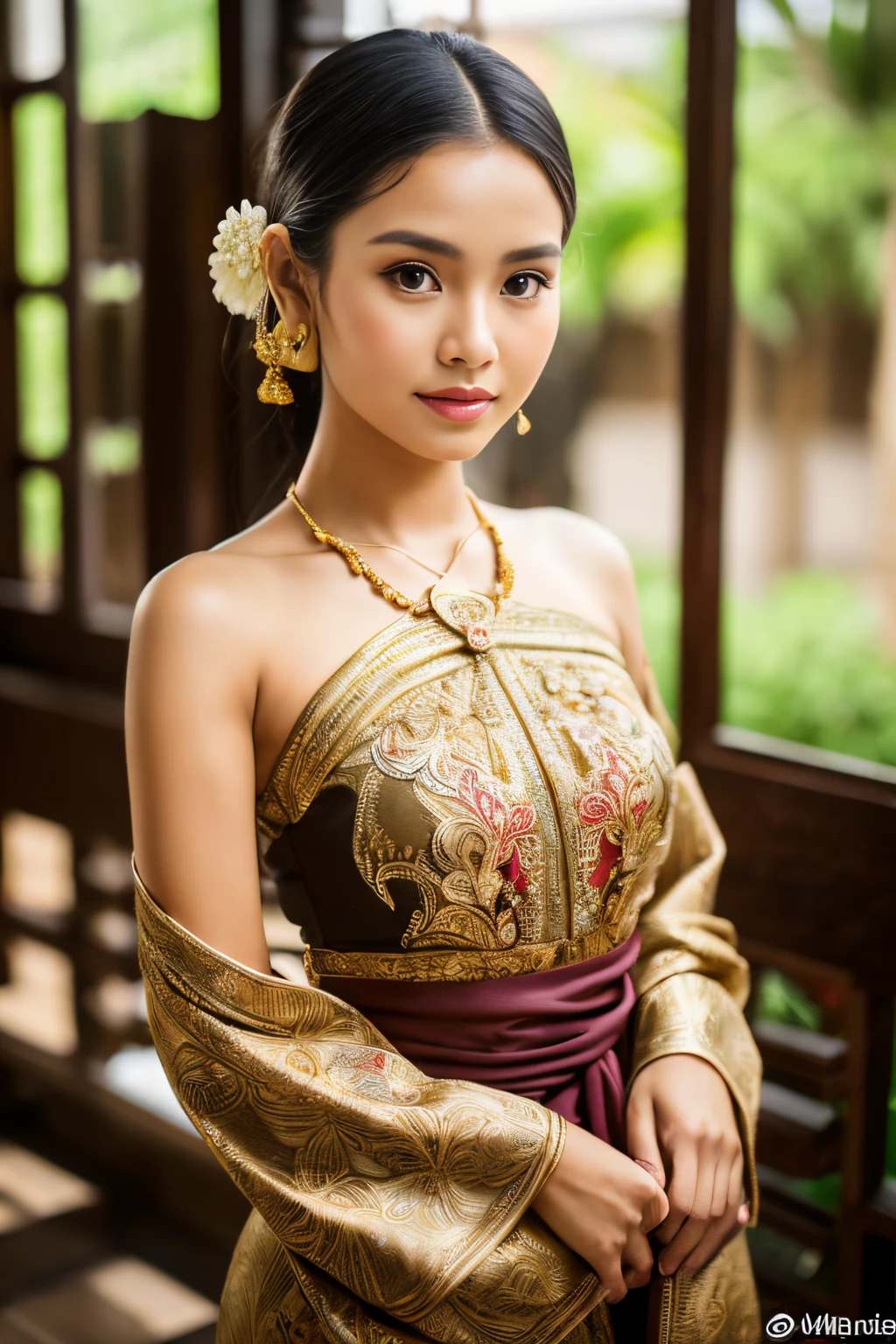 (8k, highest quality, ultra detailed:1.37), (Dina), 18yo, (a beautiful Javanese girl), radiates elegance in a modern interpretation of traditional Javanese attire. She wears a Batik-inspired off-shoulder dress with intricate patterns, accentuating her slim figure. The high-resolution image captures ultra-detailed realism, highlighting Dina's captivating eyes, long eyelashes, and smooth complexion. The modern setting adds a contemporary twist to showcase the timeless beauty of Javanese culture.