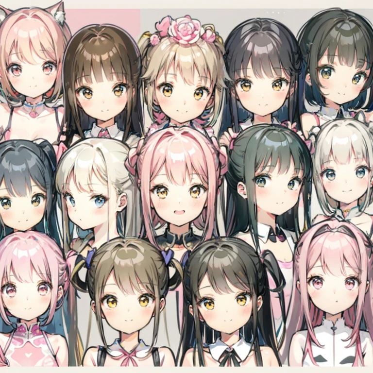 CharacterDesignSheet、List of faces、pink there、amarelo、Brownish、A black、kawaii、Farbe々Hairstyle、smil