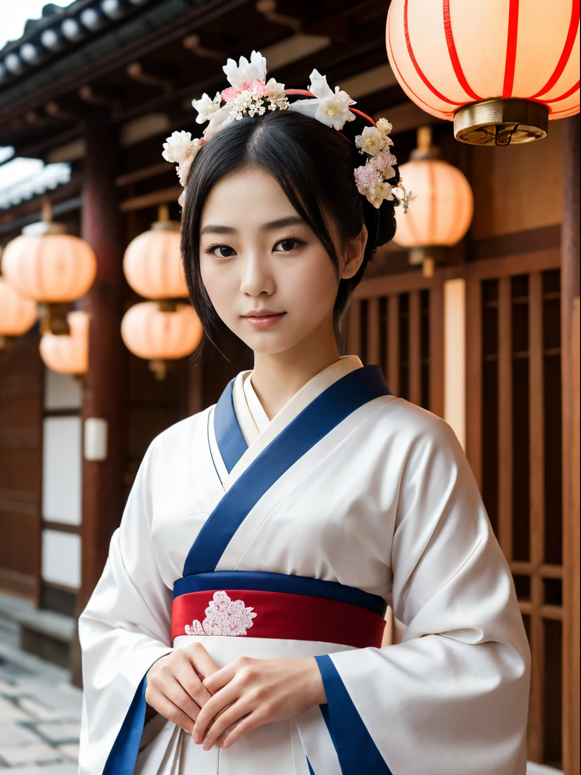 (8k, highest quality, ultra detailed:1.37), (Yuki), 18yo, (an elegant Japanese college girl), embodies the grace of a modern Geisha. Dressed in a contemporary Kimono and delicate accessories, she exudes sophistication and poise. The high-resolution image captures ultra-detailed realism, highlighting Yuki's captivating eyes, delicate features, and smooth complexion. The traditional Japanese architecture and lanterns create an enchanting backdrop, showcasing the timeless beauty and allure of the Geisha culture.