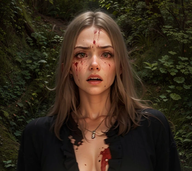 Dead girl emerging from a hole in the ground with a bloodied body, 19 ans, pale skinned, cheveux noirs, expression of anger, flaque sanglante, Bloody dress, torn dirty dress, darkness,brouillard, casual, UHD, High Details, Best quality, high resolucion, 8k, vrai visage actuel