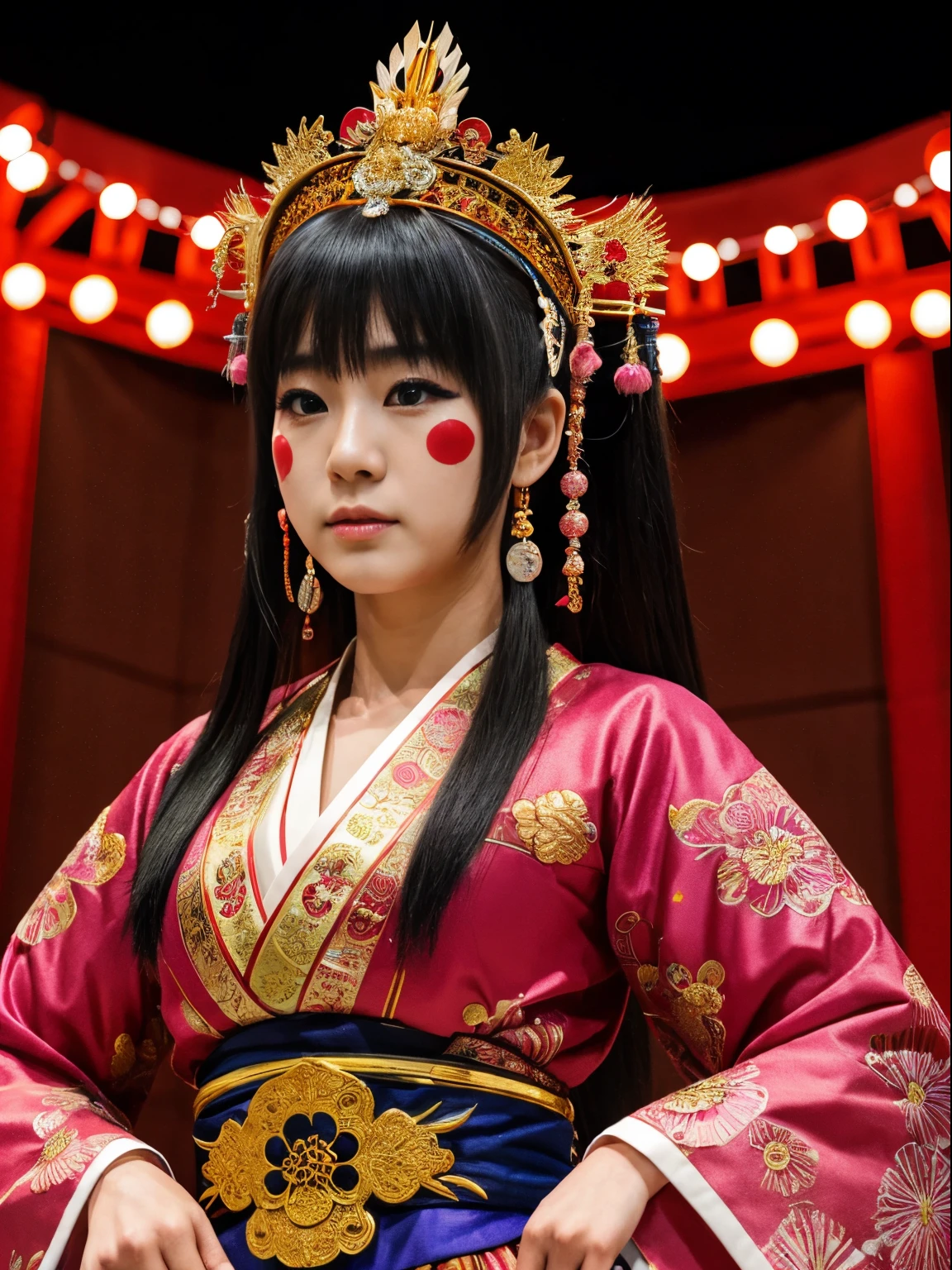 (8k, highest quality, ultra detailed:1.37), (Yuki), 18yo, (a passionate Japanese college girl), performs in a traditional Kabuki theater. Dressed in elaborate stage makeup and costume, she captivates the audience with her expressive performance. The high-resolution image captures ultra-detailed realism, emphasizing Yuki's eyes and face with photorealistic precision. The intricate stage design and vibrant colors create a visually stunning representation of Japanese theatrical artistry and cultural heritage.