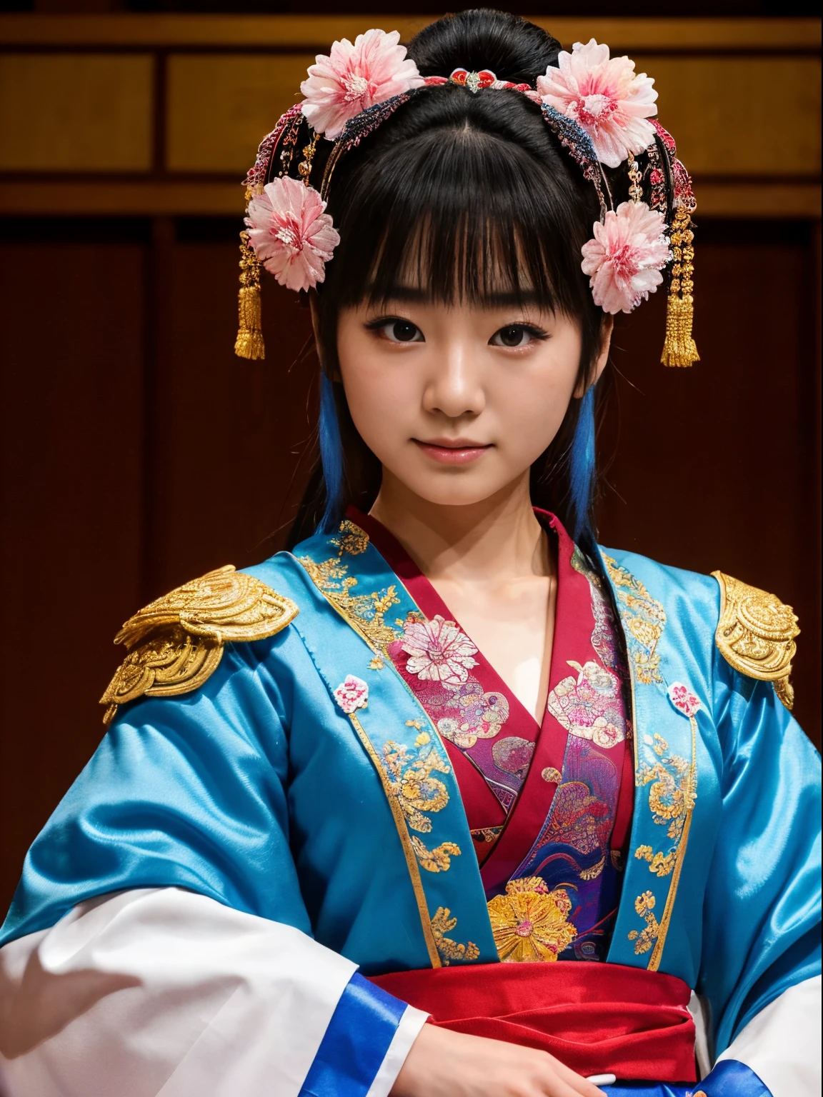 (8k, highest quality, ultra detailed:1.37), (Yuki), 18yo, (a passionate Japanese college girl), performs in a traditional Kabuki theater. Dressed in elaborate stage makeup and costume, she captivates the audience with her expressive performance. The high-resolution image captures ultra-detailed realism, emphasizing Yuki's eyes and face with photorealistic precision. The intricate stage design and vibrant colors create a visually stunning representation of Japanese theatrical artistry and cultural heritage.