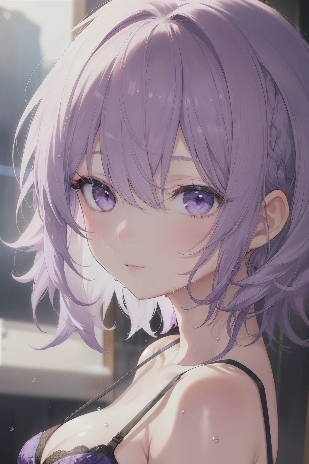 female yuki, wearing a dark purple bra, light purple hair, purple eyes, wet, elegant, portrait, low angle shot, close-up shot, natural lighting, masterpiece
