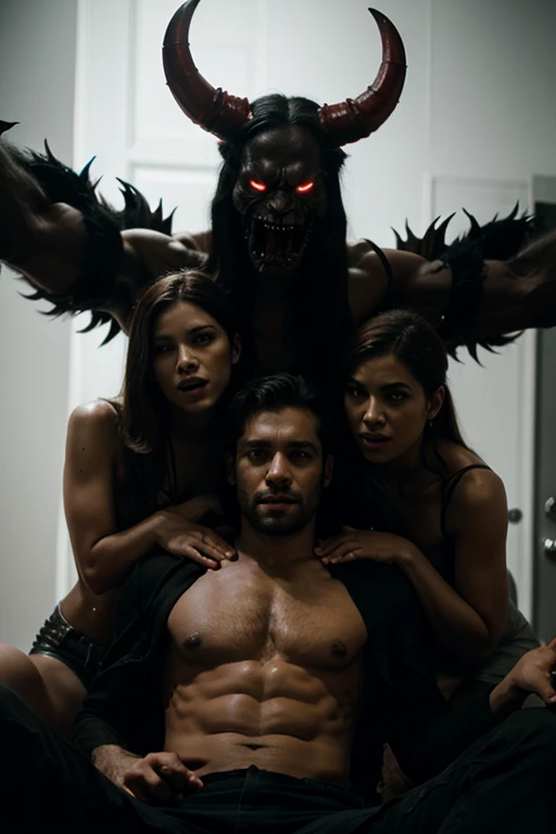 several demons holding a man