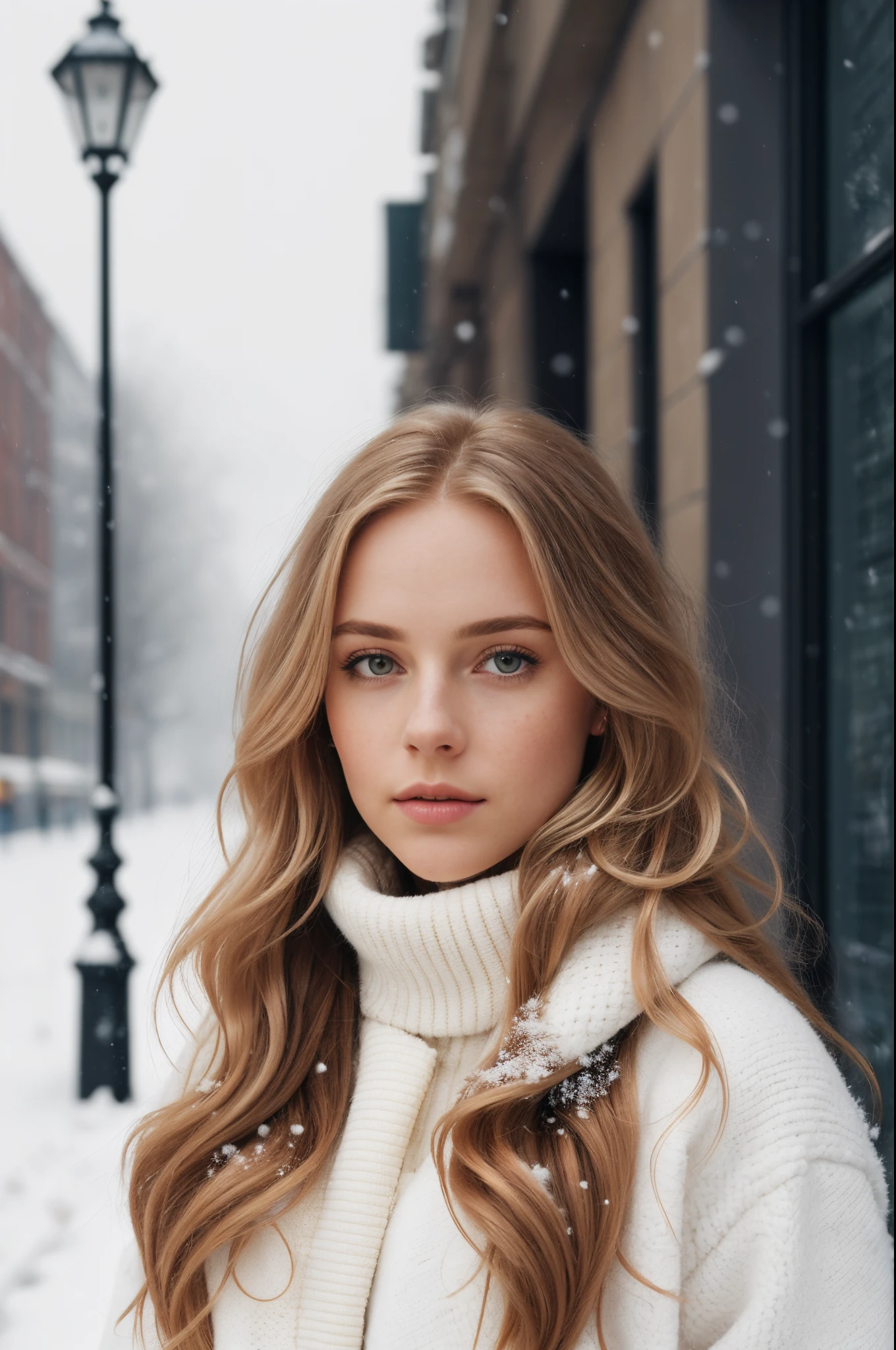 Professional portrait photo of gorgeous Norwegian girl in winter clothes with long wavy blonde hair, sultry flirty look (freckles), gorgeous symmetrical face, cute natural makeup, in elegant warm winter fashion clothes ((standing on the street on a snowy street)), stunning modern urban environment, ultra-realistic, concept art, elegant, highly detailed, intricate, sharp focus, depth of field, f/1. 8, 85 mm, medium shot, medium shot, (((professional color correction))), bright soft diffused light, (volumetric fog), in Instagram trends, HDR 4K, 8K