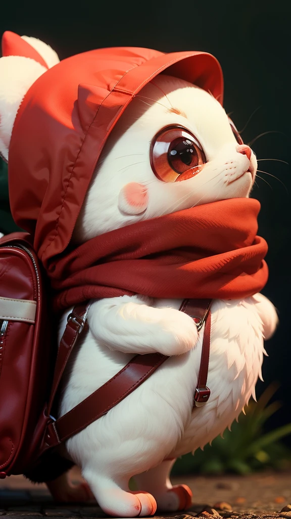 Small cute red and white creature with only two legs,big eyes,bagpack,scarf,side view,Ghibli style