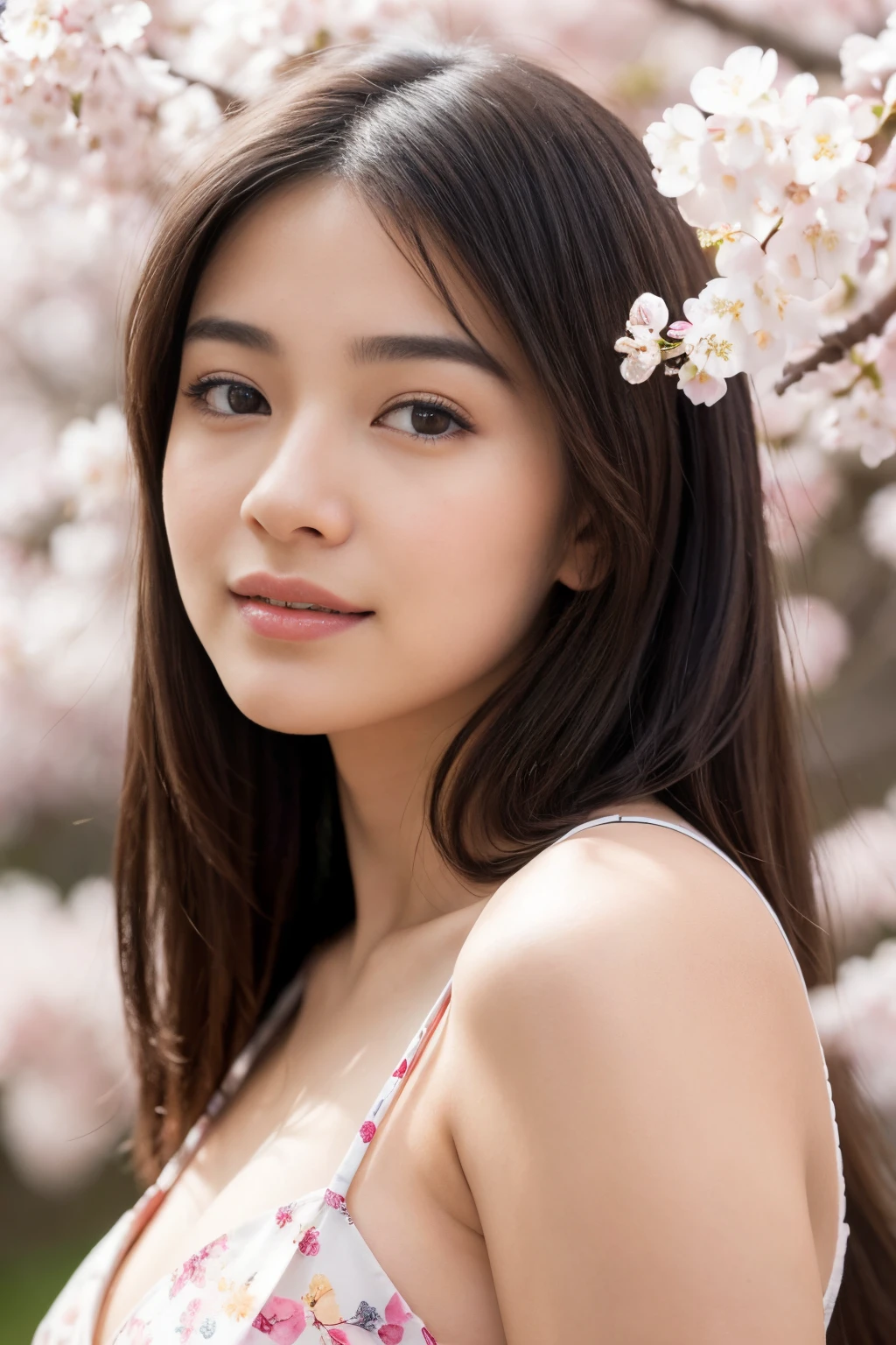 (best quality, ultra-detailed, realistic:1.37), professional, beautiful detailed eyes, beautiful detailed lips, detailed facial features, natural skin tones, perfect skin texture, delicate facial expressions, image in high resolution, realistic face, realistic skin, plain face, natural smile, highly detailed hair, (Yuki), 18yo, (a serene Japanese college girl), stands beneath a blooming cherry blossom tree. Dressed in a graceful spring dress, her slim figure and flowing hair blend harmoniously with the natural beauty around her. The high-resolution image captures ultra-detailed realism, highlighting Yuki's captivating eyes, delicate lips, and smooth complexion. The soft pink hues of the cherry blossoms create a visually stunning representation of tranquility and Japanese aesthetics.