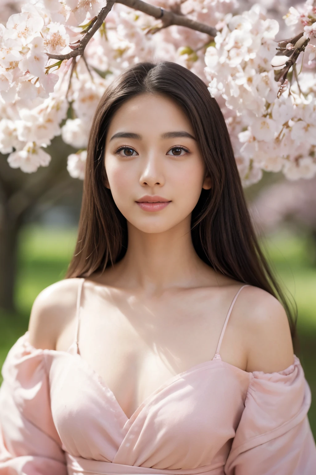 (best quality, ultra-detailed, realistic:1.37), professional, beautiful detailed eyes, beautiful detailed lips, detailed facial features, natural skin tones, perfect skin texture, delicate facial expressions, image in high resolution, realistic face, realistic skin, plain face, natural smile, highly detailed hair, (Yuki), 18yo, (a serene Japanese college girl), stands beneath a blooming cherry blossom tree. Dressed in a graceful spring dress, her slim figure and flowing hair blend harmoniously with the natural beauty around her. The high-resolution image captures ultra-detailed realism, highlighting Yuki's captivating eyes, delicate lips, and smooth complexion. The soft pink hues of the cherry blossoms create a visually stunning representation of tranquility and Japanese aesthetics.