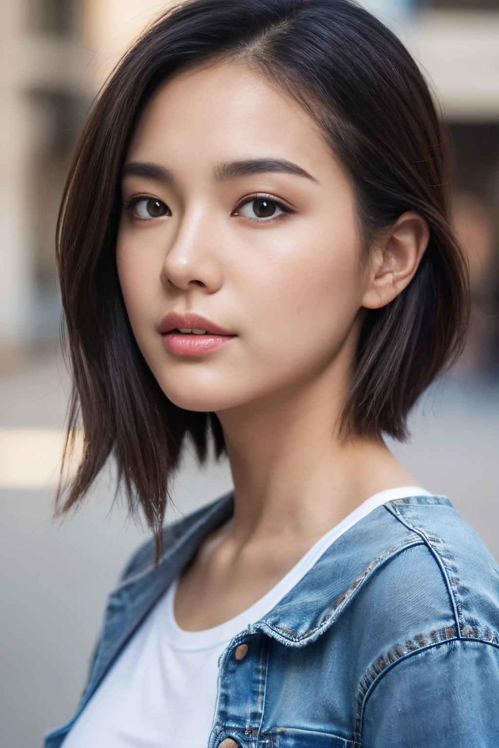 (best quality, ultra-detailed, realistic:1.37), professional, beautiful detailed eyes, beautiful detailed lips, detailed facial features, natural skin tones, perfect skin texture, delicate facial expressions, image in high resolution, realistic face, realistic skin, plain face, natural smile, highly detailed hair, (Yuki), 18yo, (a stylish Japanese college girl), rocks a trendy street style look. Dressed in a fashionable T-shirt and jeans combo, her slim figure and chic hairstyle stand out. The high-resolution image captures ultra-detailed realism, highlighting Yuki's captivating eyes, delicate lips, and smooth complexion. The urban backdrop adds to the modern aesthetic, creating a visually stunning representation of Japanese fashion and individuality.