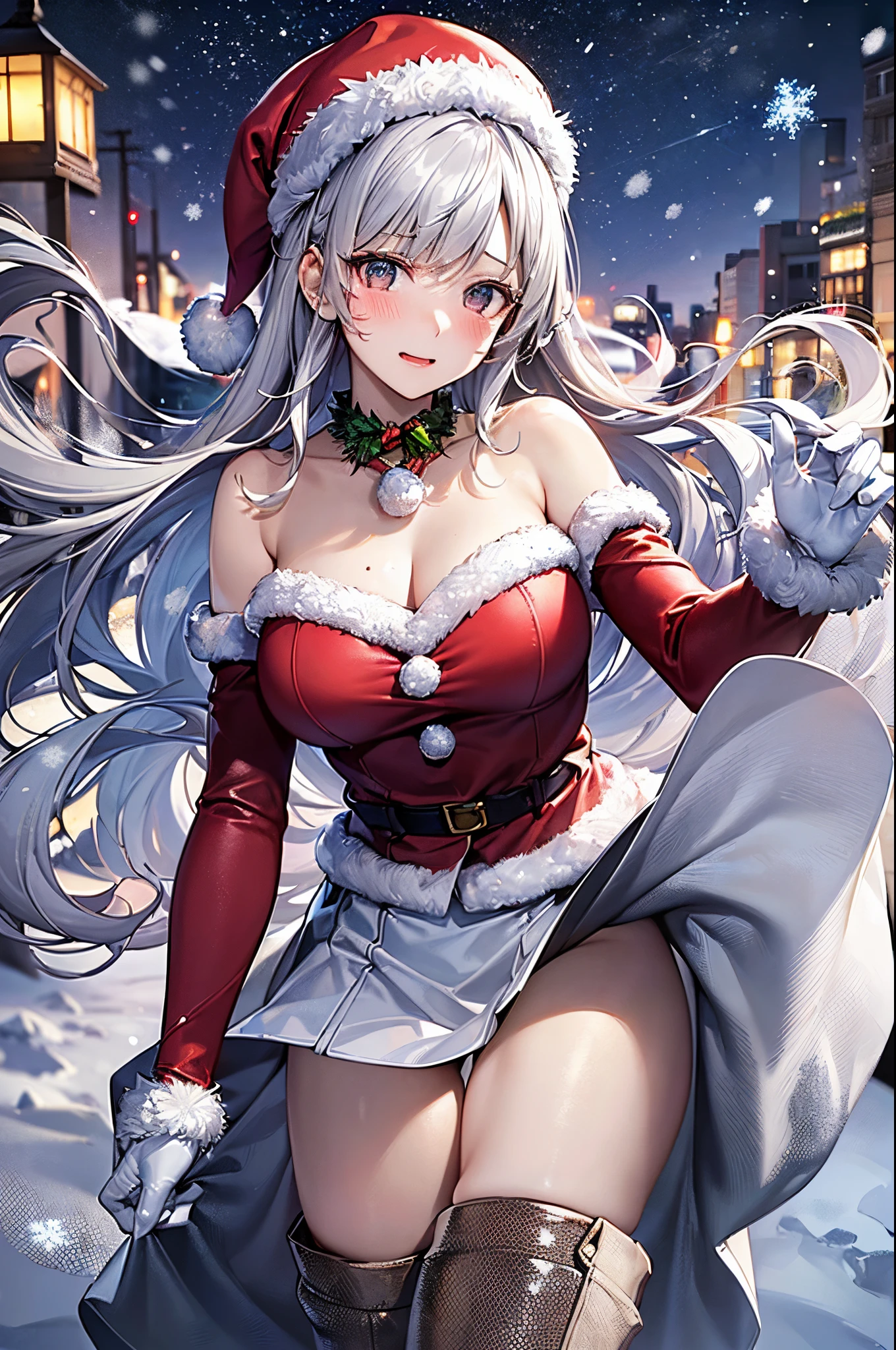 ((((perfect anatomy, super detailed skin)))), 1 girl, japanese, , shiny skin, large breasts:0.5, watching the view,
beautiful hair, beautiful face, beautiful detailed eyes, (middle hair:1.4), silver hair,
beautiful clavicle, beautiful body, beautiful chest, beautiful thigh, beautiful legs, babyface, mole under eye,
((symmetrical clothing, metallic red santa claus hat, metallic red off shoulder santa claus mini dress, white fur cuffs, white long gloves, white fur metallic red middle boots), christmas necklace), seductive thighs,
(facing the front), (((blushing cheeks, embarassed expression)), (((the skirt is rolled up by the wind))),
(beautiful scenery),winter, midnight, christmas, outdoors, park, (christmas tree), illumination, snow, snowfall:1.5,
(8k, top-quality, masterpiece:1.2, extremely detailed), (photorealistic), beautiful illustration, cinematic lighting,