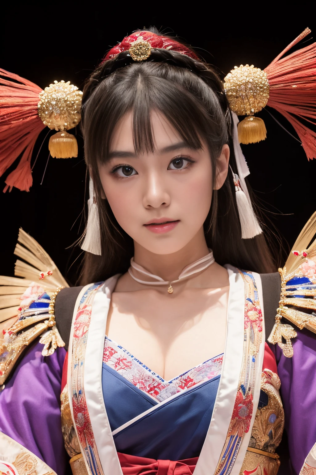 (8k, highest quality, ultra detailed:1.37), (Yuki), 18yo, (a passionate Japanese college girl), performs in a traditional Kabuki theater. Dressed in elaborate stage makeup and costume, she captivates the audience with her expressive performance. The high-resolution image captures ultra-detailed realism, emphasizing Yuki's eyes and face with photorealistic precision. The intricate stage design and vibrant colors create a visually stunning representation of Japanese theatrical artistry and cultural heritage.