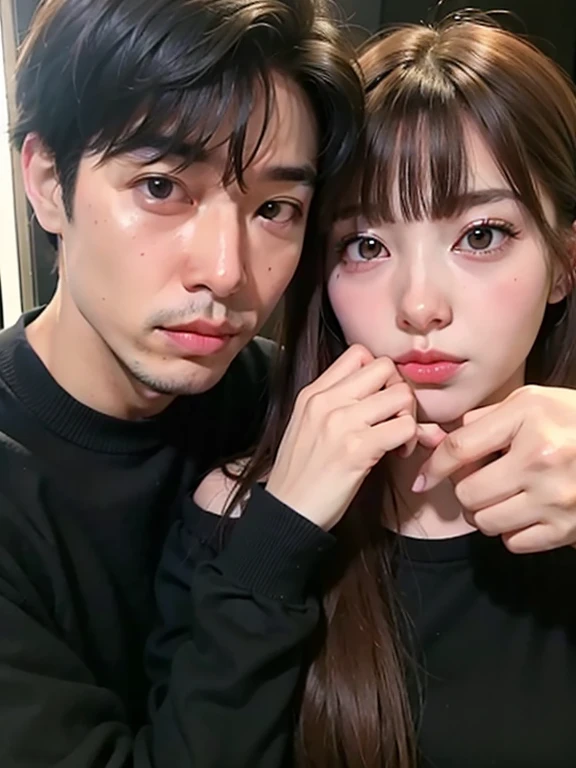 They are posing together for a selfie in a mirror., 8k selfie photograph, Pareja encantadora, Sakimichan y Frank Franzzeta, Nixeu y Sakimichan, Sakimi Chan, Retrato realista kawaii, Pixivs y Junji Ito, Sakimichan, Ayami Kojima y Yoshitaka Amano, [ foto realista ]!!