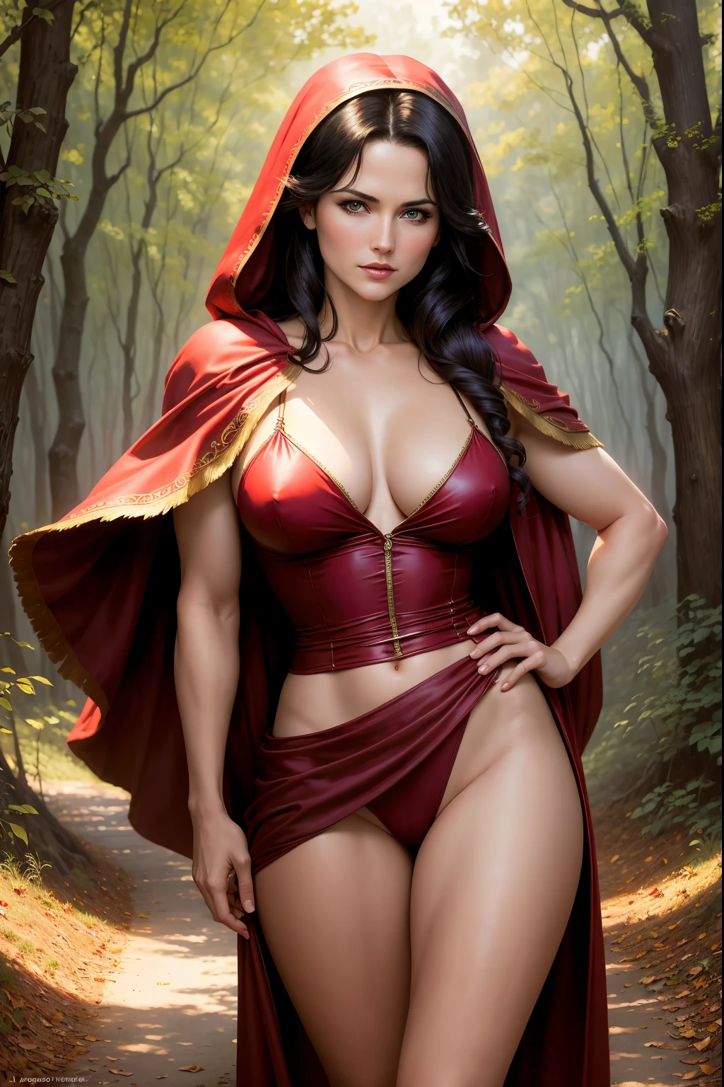 Art image of Lucy Lawless as a sexy Littel Red Riding Hood, busty, beautiful, black hair, large breasts, outside in woods adequate evening sunlight on face, by Louis Royo, Boris Vallejo, Frank Frazetta, extreme focus, sharp details, sexy, wearing red hood and cloak