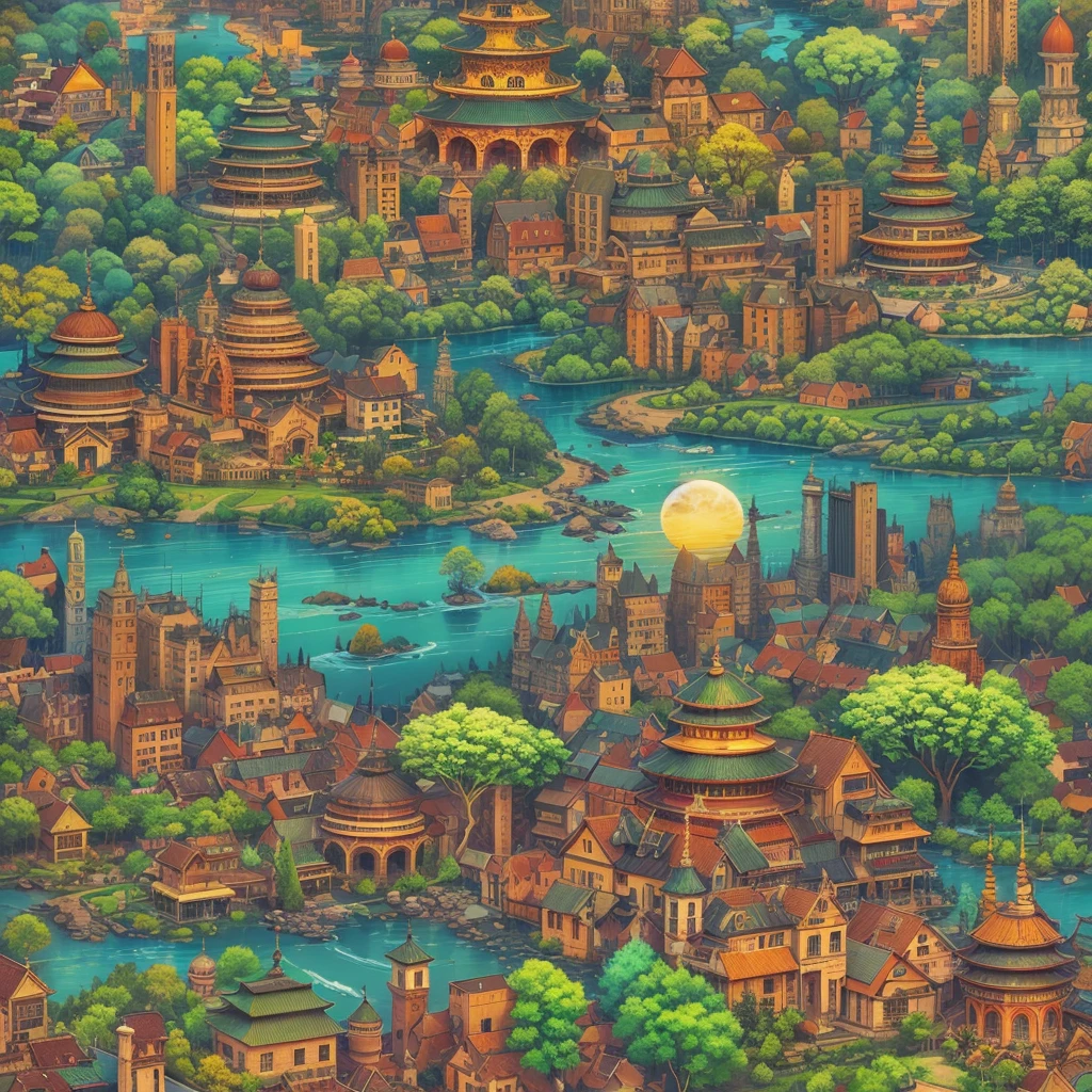Best quality，ultra - detailed，realistically：1.37，Tribal style utopia dream cityscape，world prosperity，pursue，detailed digi，Dynamic gesture，Vibrant colors，lush and green，bright future，diverse cultures，harmonious coexistence，peaceful society，Magnificent tribal style skyscraper，soft sun light，Thriving economy，innovation and technology，progressive society，equal opportunity，Clean environment，blue-sky，serene river。