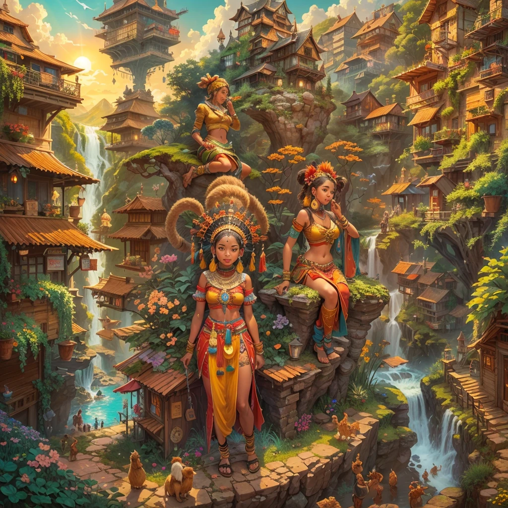 tribal style,utopian dream cityscape,illustration,detailed,highres,(best quality,4k,8k,masterpiece:1.2),(realistic:1.37),vibrant colors,sharp focus,studio lighting,ultra-fine painting,physically-based rendering,extraordinary detail description,human-scale perspective,tribal patterns,extravagant architecture,breathtaking landscapes,lush gardens,ethereal atmosphere,cascading waterfalls,harmonious coexistence of nature and technology,thriving community,egalitarian society,peaceful harmony,cultural diversity,elaborate street art,joyful celebrations,sun-kissed skies,warm golden light,majestic mountains in the backdrop,abundance of greenery,playful interaction with nature,tribal costumes and accessories,whimsical creatures inhabiting the city,inspiring sculptures and statues,uplifting music filling the air,united and contented individuals,positive energy radiating from every corner,unforgettable experiences,blissful dwelling place.