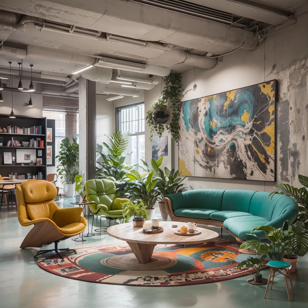 (best quality,4k,8k,highres,masterpiece:1.2), tribal-style, futuristic, post-modern, lounge-like office photo, indoor, cozy environment, modern furniture, sleek design, minimalistic, natural lighting, vibrant colors, tribal patterns, abstract artwork, floor-to-ceiling windows, panoramic view, high-tech gadgets, ergonomic chairs, clean lines, comfortable seating, plants and greenery, textured walls, polished concrete floors, contemporary art installation, tribal sculptures, organic shapes, creative atmosphere, collaborative workspace, state-of-the-art technology, relaxing atmosphere, inspiring environment, inspiring quotes on walls, art-filled space, serene ambiance [tribal, futuristic, minimalistic, vibrant, comfortable, sleek, collaborative, creative, inspiring, post-modern, lounge-like, ergonomic, relaxing]