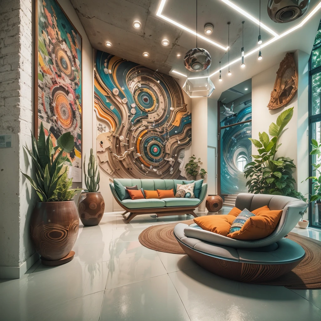 (best quality,4k,8k,highres,masterpiece:1.2), tribal-style, futuristic, post-modern, lounge-like office photo, indoor, cozy environment, modern furniture, sleek design, minimalistic, natural lighting, vibrant colors, tribal patterns, abstract artwork, floor-to-ceiling windows, panoramic view, high-tech gadgets, ergonomic chairs, clean lines, comfortable seating, plants and greenery, textured walls, polished concrete floors, contemporary art installation, tribal sculptures, organic shapes, creative atmosphere, collaborative workspace, state-of-the-art technology, relaxing atmosphere, inspiring environment, inspiring quotes on walls, art-filled space, serene ambiance [tribal, futuristic, minimalistic, vibrant, comfortable, sleek, collaborative, creative, inspiring, post-modern, lounge-like, ergonomic, relaxing]