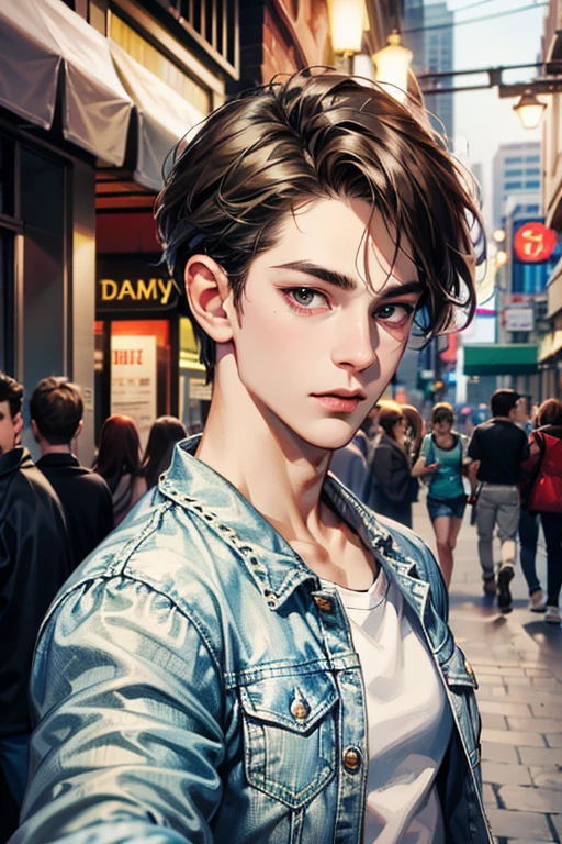 (absurdress, hight resolution, Ultra Detailed, HDR), Masterpiece, Best Quality, 1boy, a handsome, Short hair, finely eye and detailed face, (white tshirt), (denim jacket),Joy on the face from meeting a friend ! night city, midynight, selfie shot,