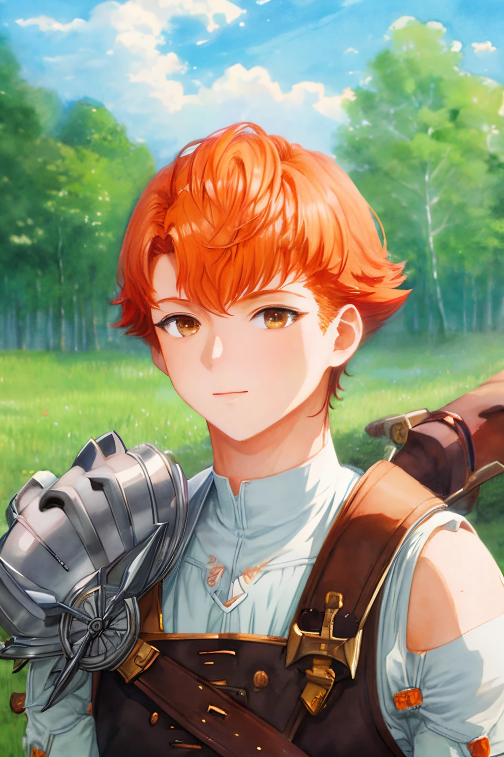 masterpiece, best quality, sketch, 1 boy, solo, male focus, looking at the audience, Upper body, depth of field, (watercolor illustration, pastel colors:1.1), , Lent_Maslink, orange hair, brown eyes, Jumpsuits, , , 8k resolution