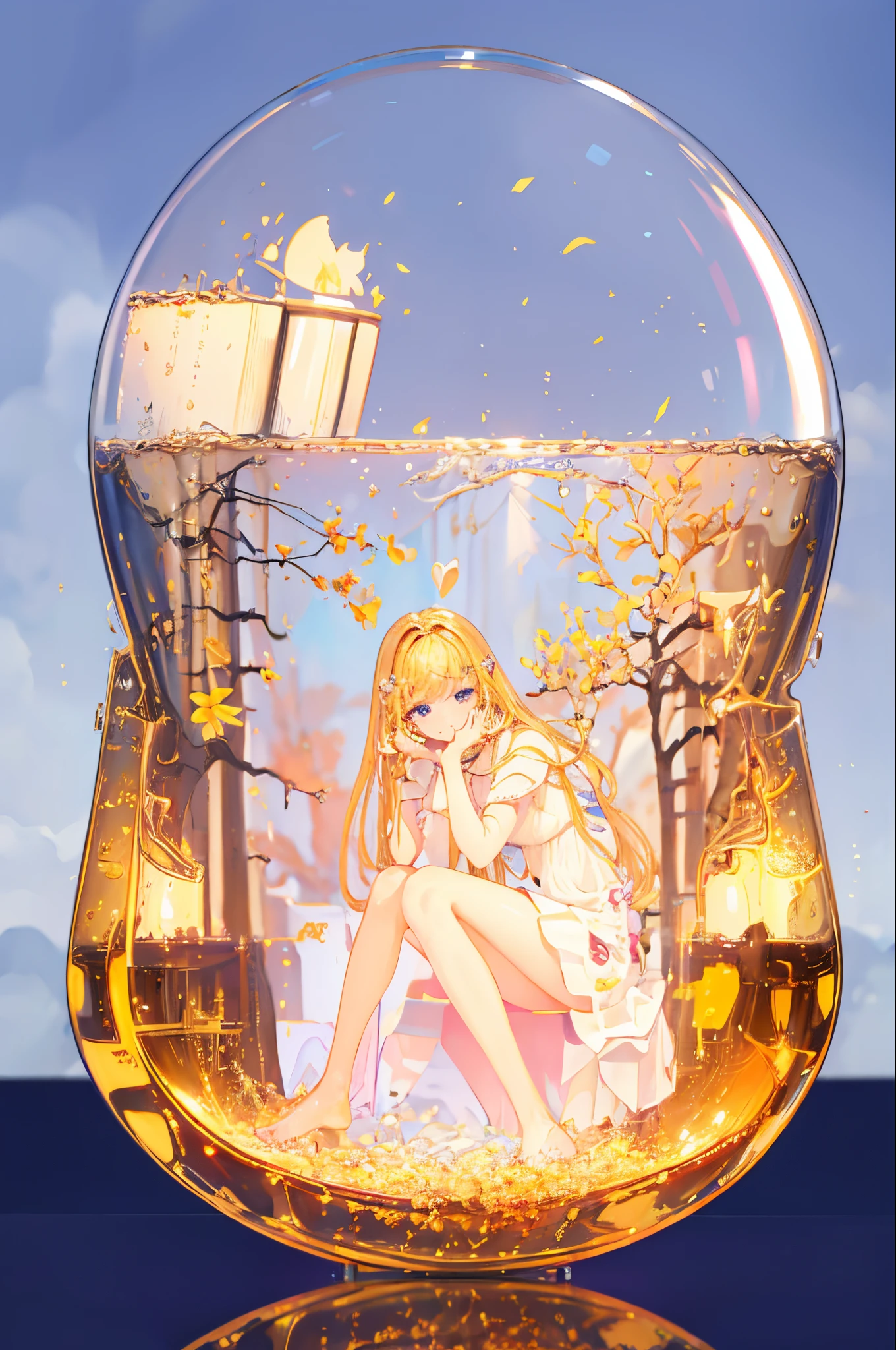 phgls, cup, in container, (masterpiece:1.6, best quality), (finely detailed beautiful eyes: 1.2), 1girl, solo, sitting, blonde hair, wings