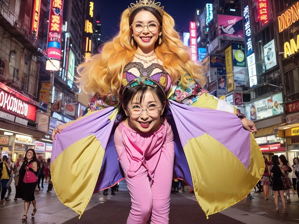 8K、Real Images、detaileds、masterpiece、tome'Authentic Photos、Top image quality、top-quality、Golden hair、(large boob:1.2)、(Pocchari body type:1.2)、Smiling big、Posing cutely、Wearing a mini bikini、Wearing glasses、Wearing red lipstick、Wearing large earrings、wearing a beautiful tiara、Nipples are erect、wearing a colorful necklace、wearing flashy stiletto heels、A large number of dancers dance in the neon city at night、