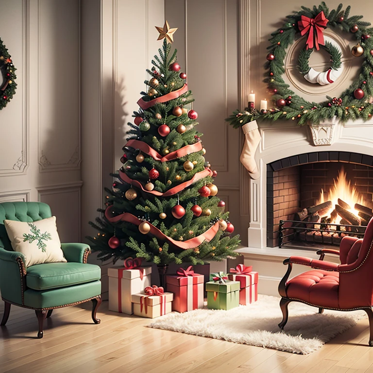 Front view Full Christmas tree, armchair and fireplace, real photograph, super realistic rendering, renderizado realista, 8k, --auto --v6 --s2