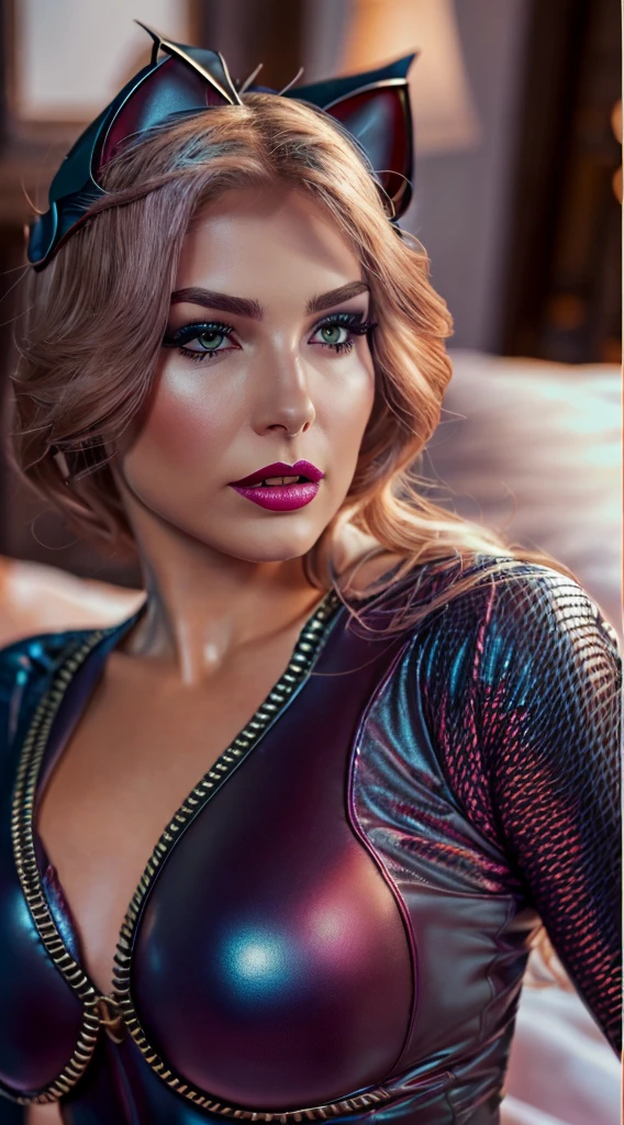 Anne hattaway 100% face, wonderful make up, catwoman, sexy, 8k ultra realistic, dramatic light, blurred luxury bedroom background, Perfect body Perfect skin Perfect face