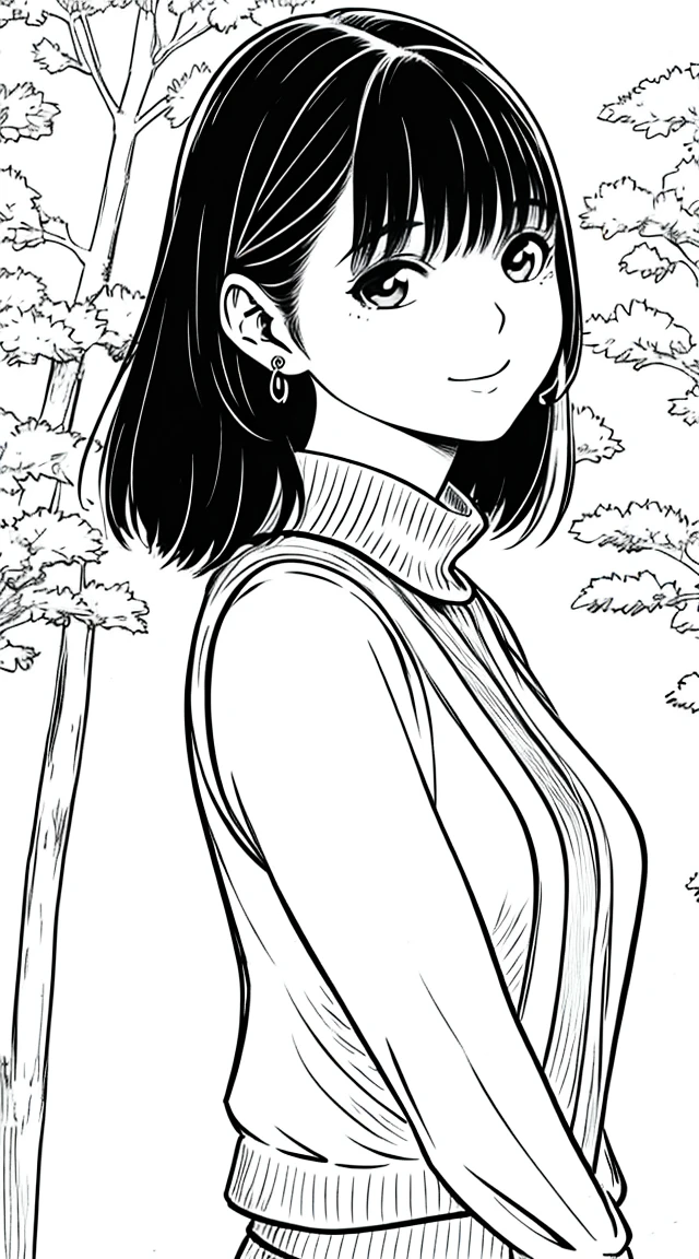 masutepiece, Best Quality, (Detailed background), High contrast, 1 girl, 20 year old woman in Japan, hight resolution,8K,Best Quality,detaileds,slim,modeled,Medium Hair,Detailed face,Beautiful and detailed eyes,The skin,(Sweaters),earring beautiful,autumnal,tag,Colored leaves,Ginkgo tree,dead wood,(Leaves flutter),发光, plein air, Beautiful details sky, (dynamicposes:0.8),Hard Focus、the wind,looking at the viewers,A smile,Angle from the side, clean line drawings,