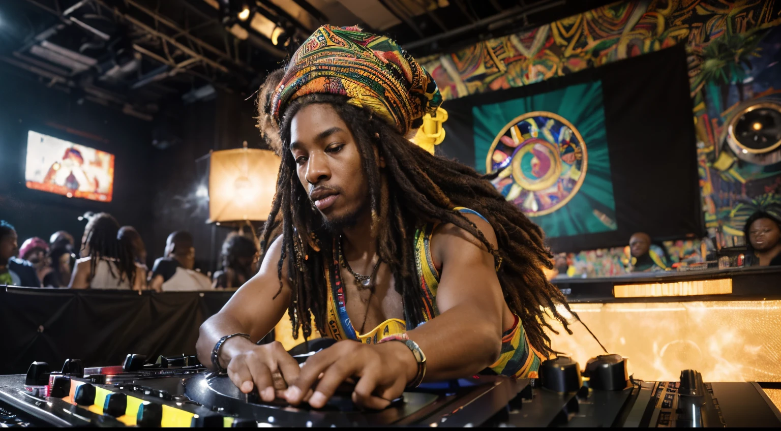 (best quality,4k,8k,highres,masterpiece:1.2),ultra-detailed,(realistic,photorealistic,photo-realistic:1.37),portrait,afrocentric, vibrant colors, energetic lighting, DJ booth, vinyl records, turntables, Rastafarian hat, dreadlocks, music, crowd, dancing, dynamic movement, smoke machine, laser lights, club atmosphere