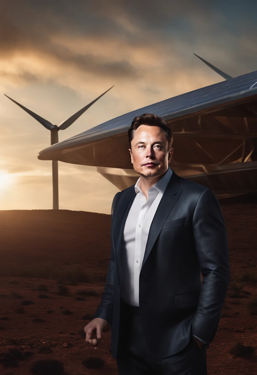 A photo of the character presenting a groundbreaking design for a new sustainable energy project,original,elon musk, male