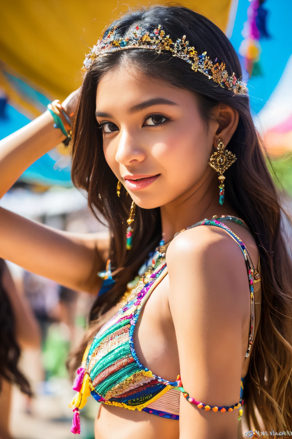 (8k, highest quality, ultra detailed:1.37), (Dina), 18yo, (a free-spirited Javanese girl), embraces the bohemian festival atmosphere. She wears a boho-chic embroidered top with denim shorts and accessorizes with feathers and beads. The high-resolution image captures ultra-detailed realism, highlighting Dina's captivating eyes, long eyelashes, and smooth complexion. The vibrant festival setting adds an energetic and colorful backdrop to showcase Dina's carefree and artistic personality.