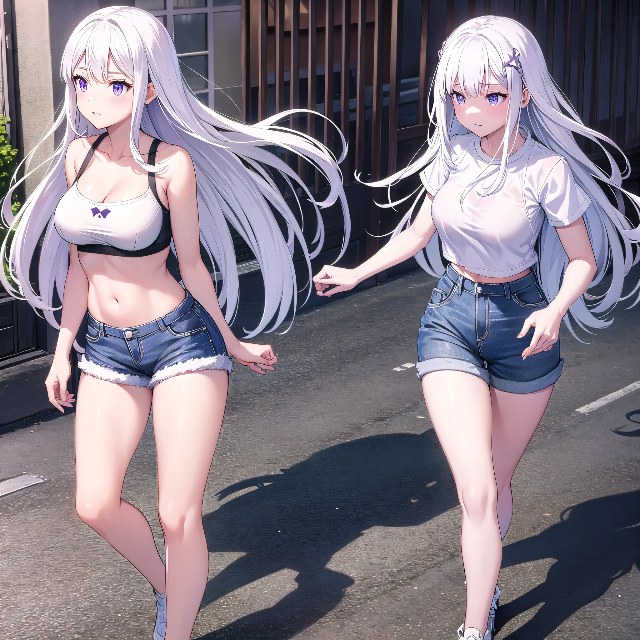 Emilia re:zero, white hair, purple eyes, long hair, sexy, medium breasts, jean shorts, white sports bra, in street